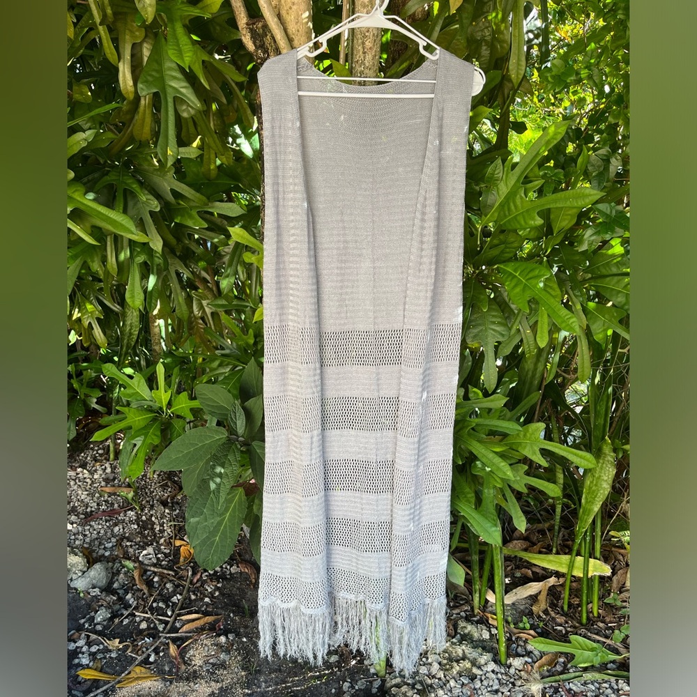 French Grey Long Retro Fringe Vest Size Large